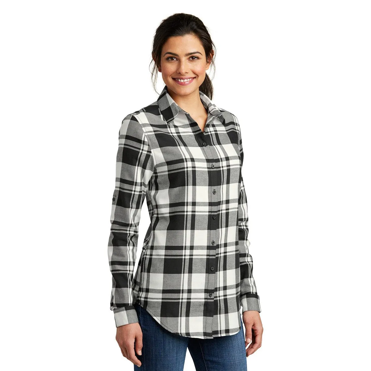 Port Authority Women's Snow White/Black Plaid Flannel Tunic