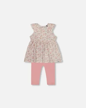 Printed Organic Cotton Tunic And Leggings Set White With Pink Flowers
