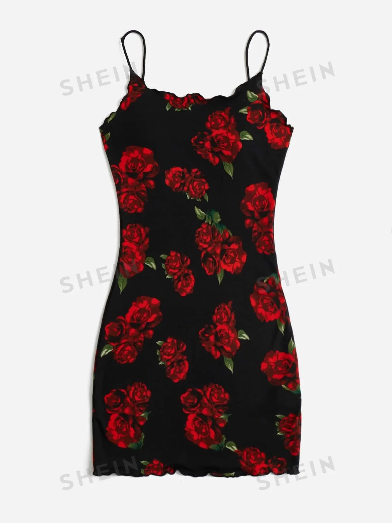 Privé Floral Print Lettuce Trim Cami Short  Bodycon Dress