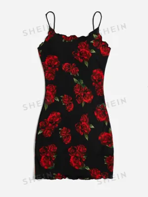 Privé Floral Print Lettuce Trim Cami Short  Bodycon Dress