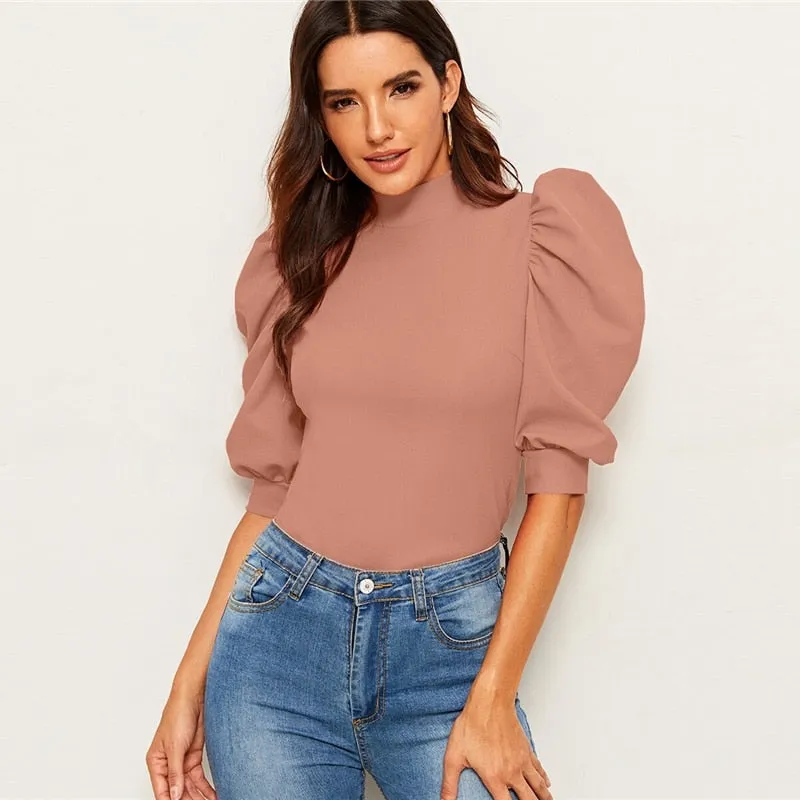 Puff Sleeve Blouse  Half Sleeve Keyhole Back Minimalist Top