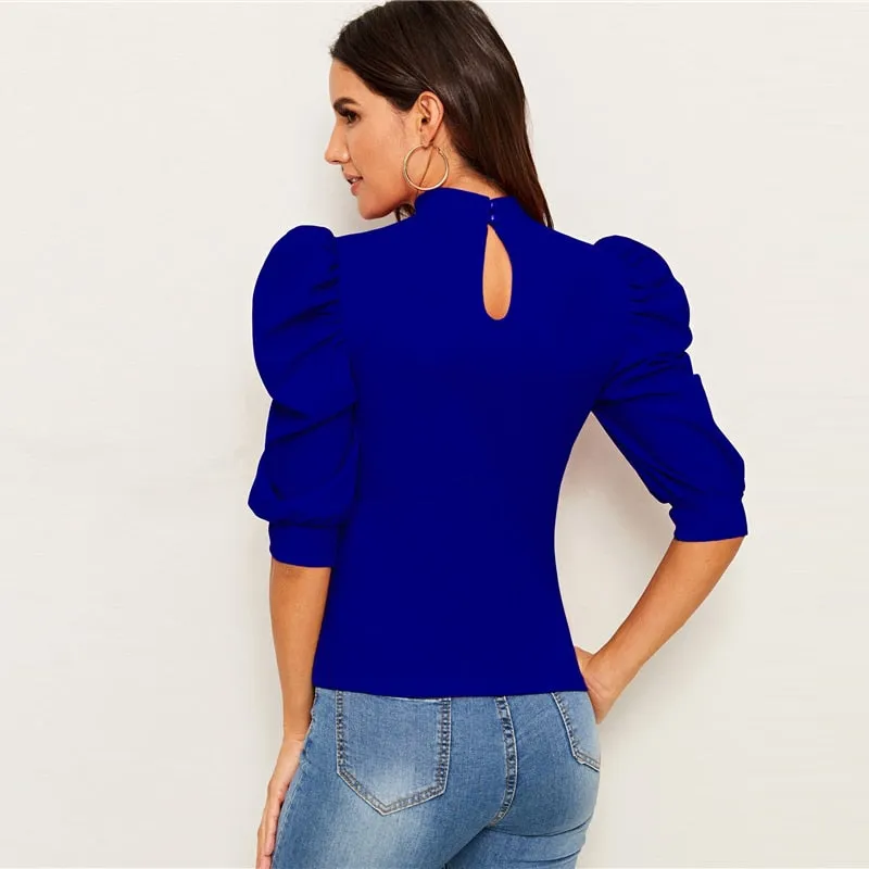 Puff Sleeve Blouse  Half Sleeve Keyhole Back Minimalist Top