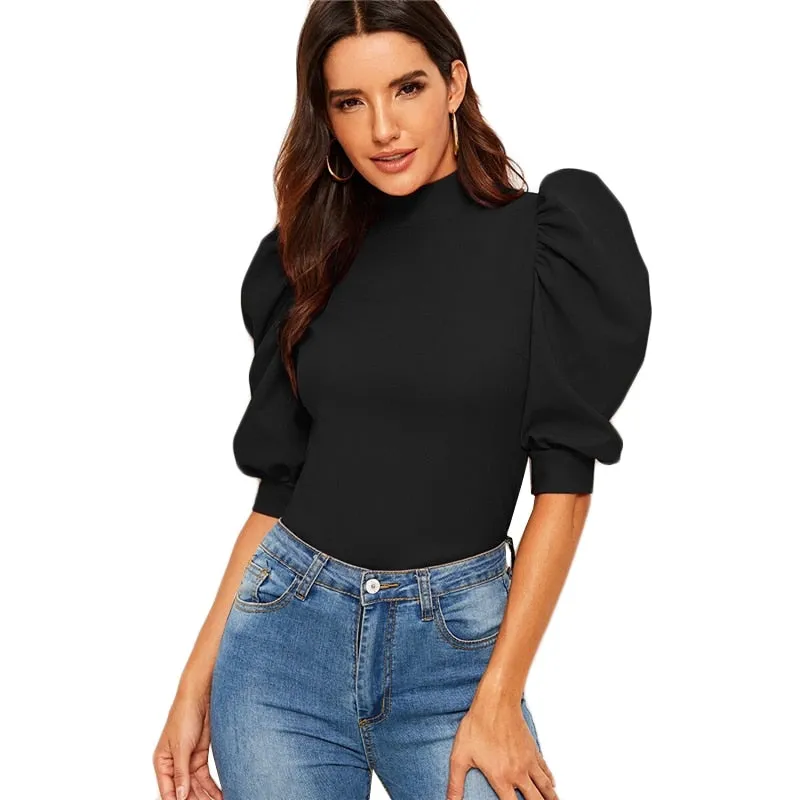 Puff Sleeve Blouse  Half Sleeve Keyhole Back Minimalist Top