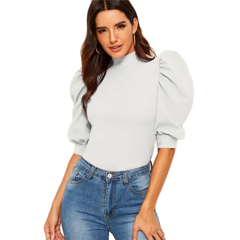 Puff Sleeve Blouse  Half Sleeve Keyhole Back Minimalist Top