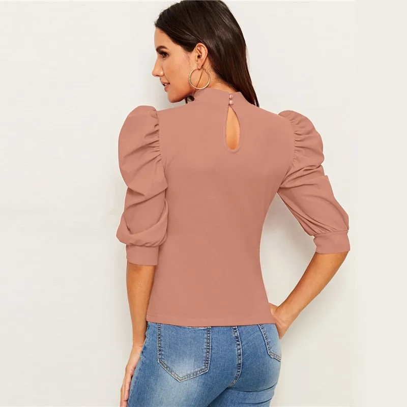 Puff Sleeve Blouse  Half Sleeve Keyhole Back Minimalist Top