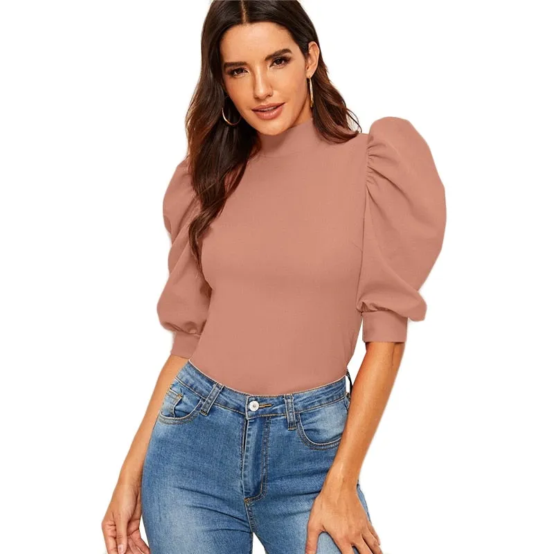 Puff Sleeve Blouse  Half Sleeve Keyhole Back Minimalist Top