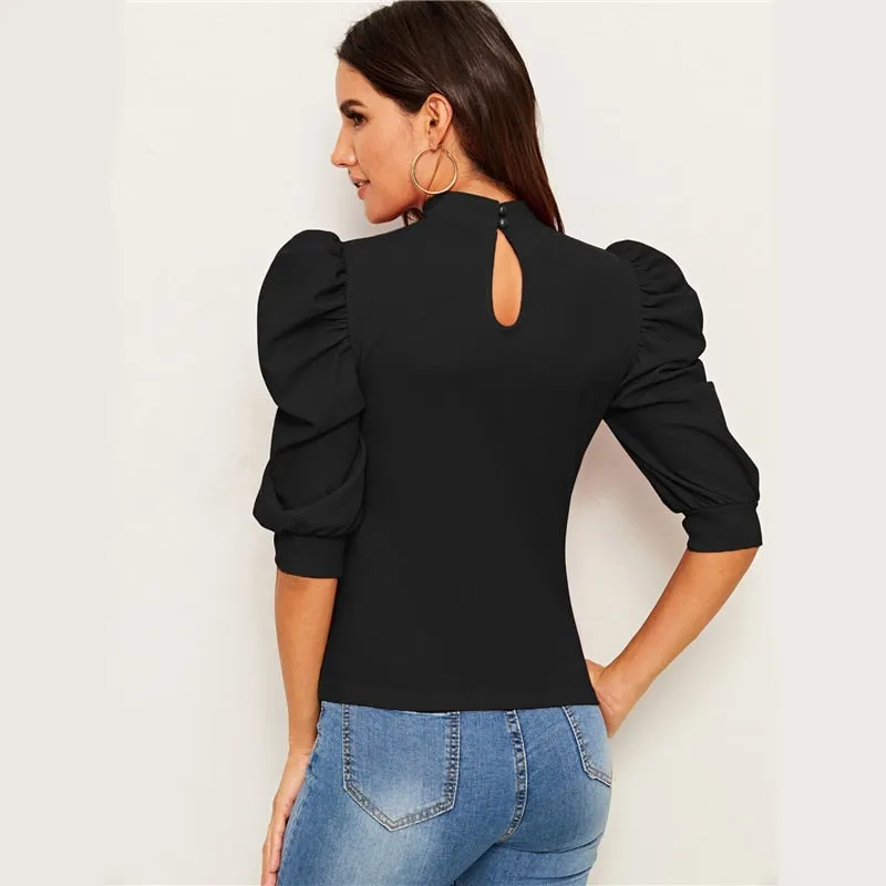 Puff Sleeve Blouse  Half Sleeve Keyhole Back Minimalist Top
