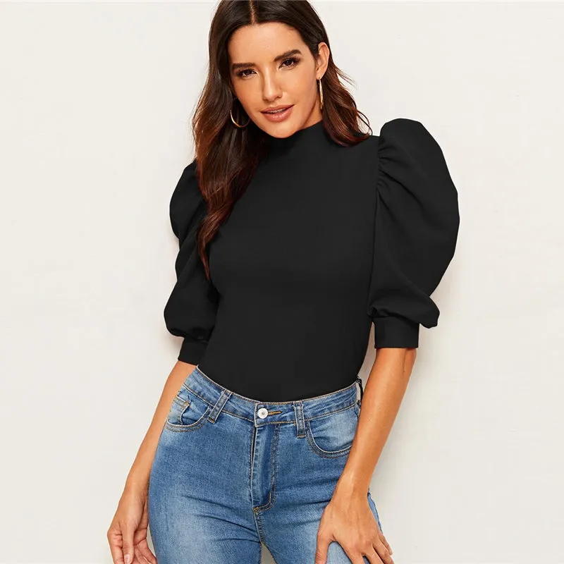 Puff Sleeve Blouse  Half Sleeve Keyhole Back Minimalist Top