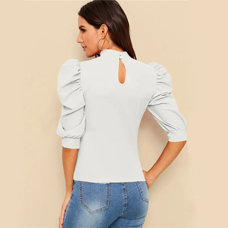 Puff Sleeve Blouse  Half Sleeve Keyhole Back Minimalist Top