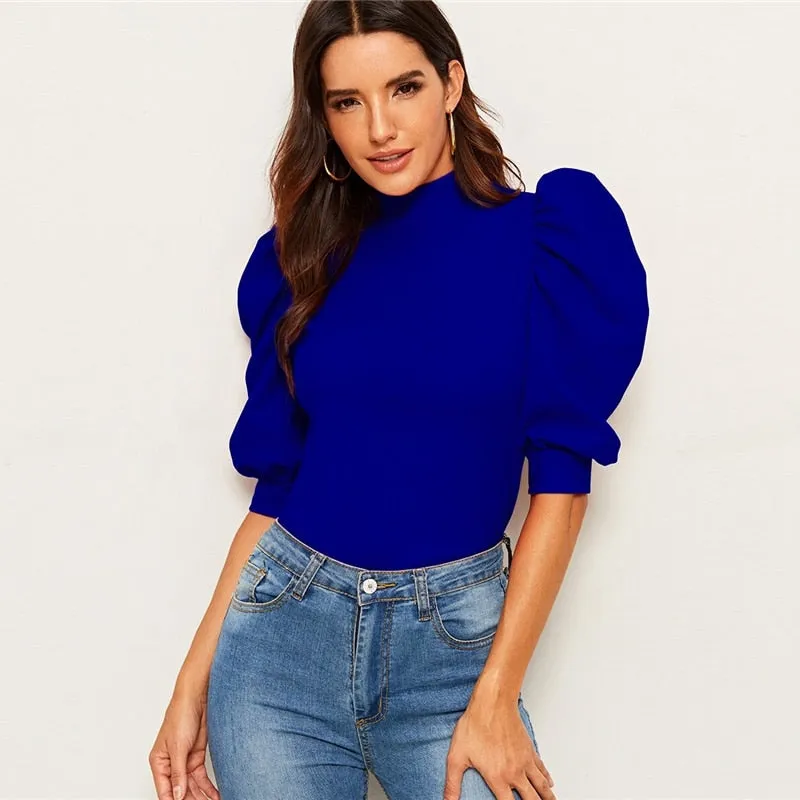Puff Sleeve Blouse  Half Sleeve Keyhole Back Minimalist Top
