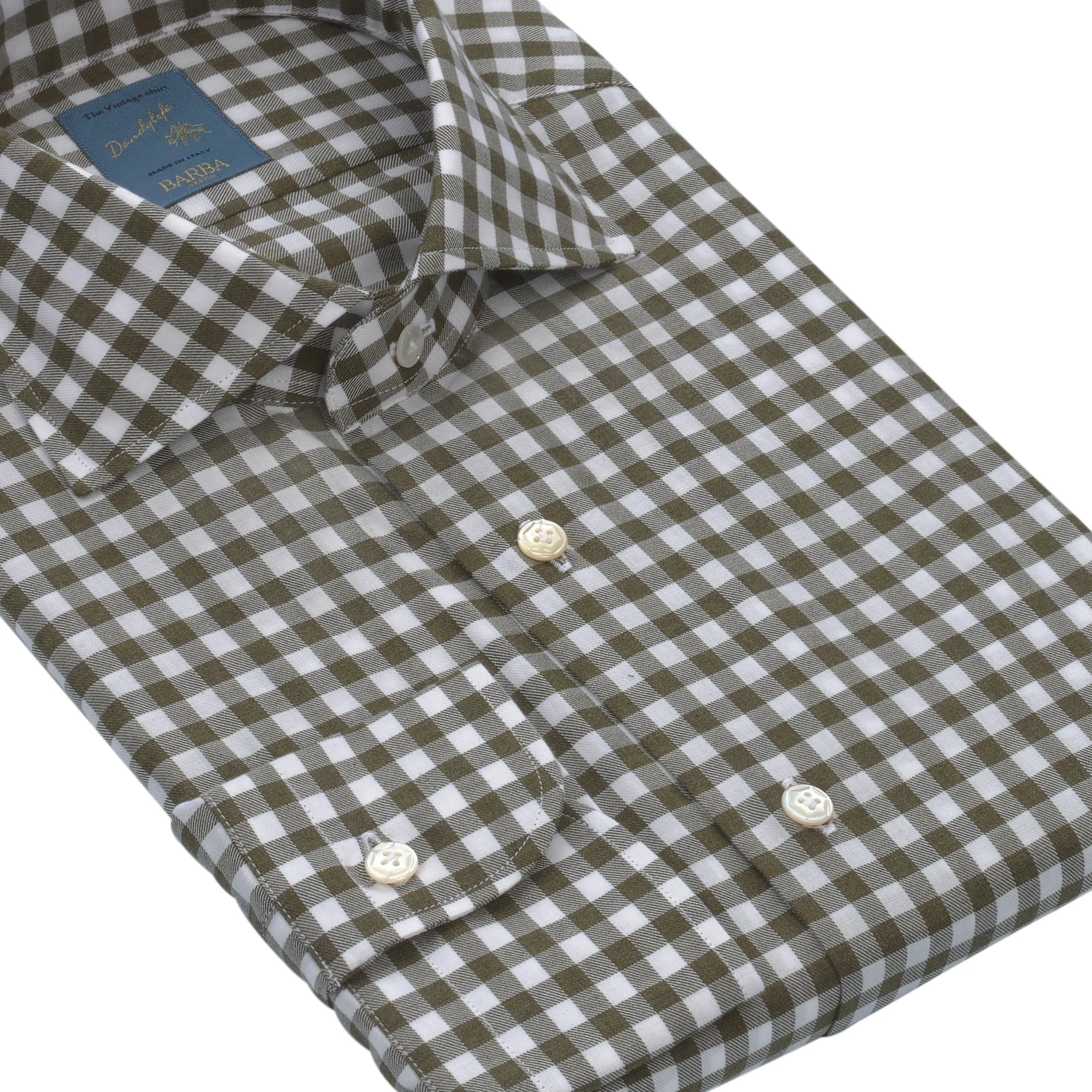 "Dandy Life" Gingham-Check Cotton Shirt in Olive Green and White