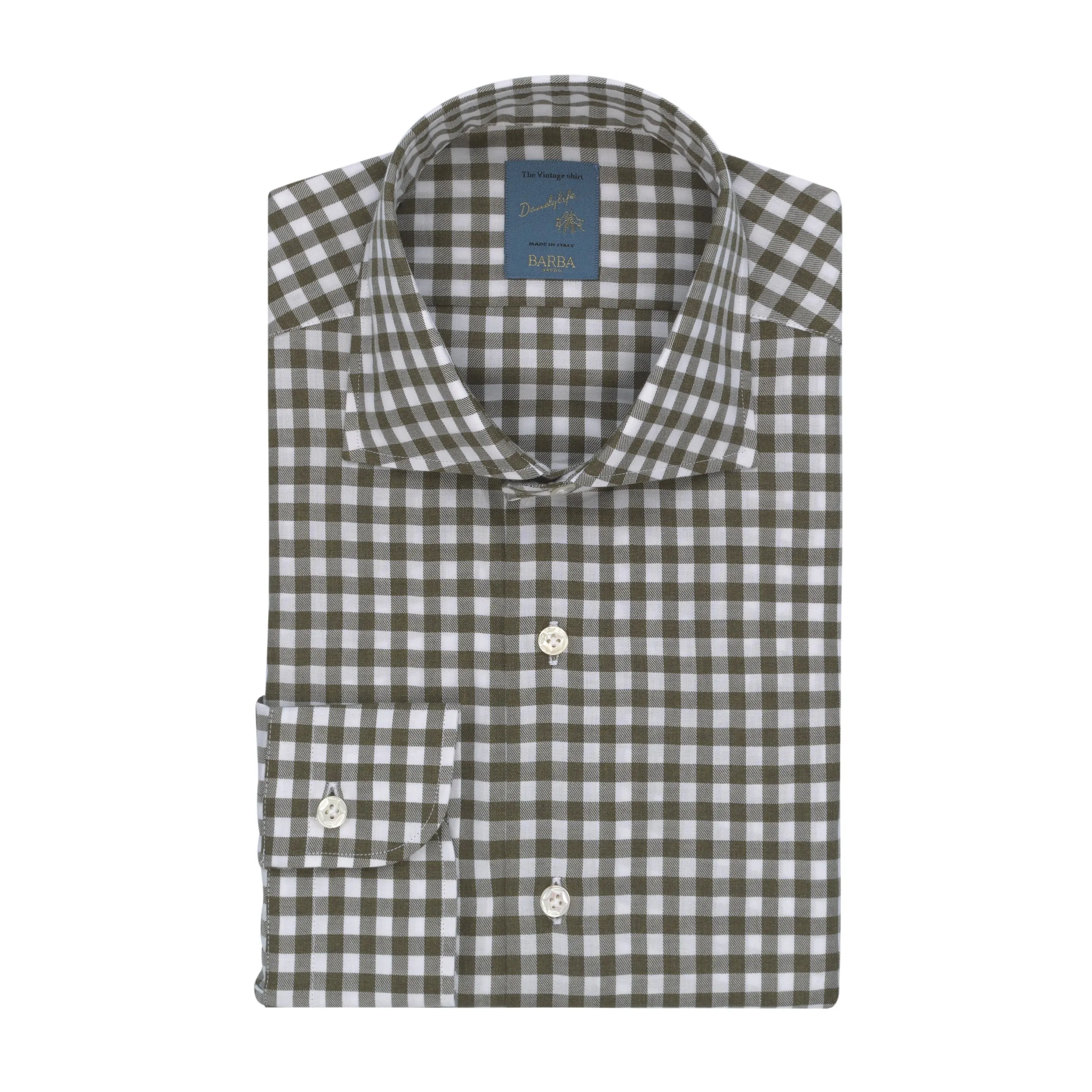 "Dandy Life" Gingham-Check Cotton Shirt in Olive Green and White