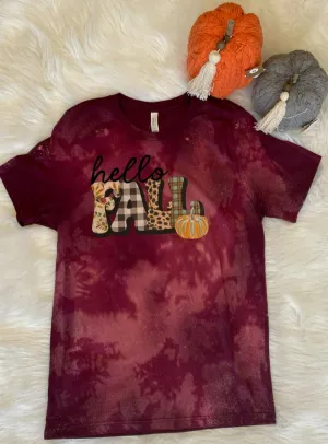 "Hello Fall" Short Sleeve Bleached Graphic Tee in Burgundy