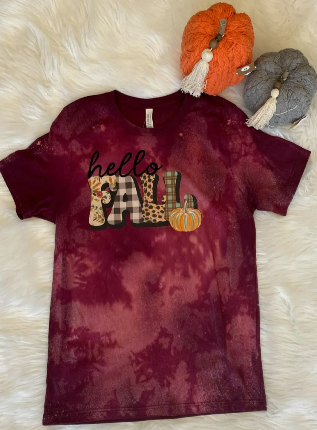 "Hello Fall" Short Sleeve Bleached Graphic Tee in Burgundy
