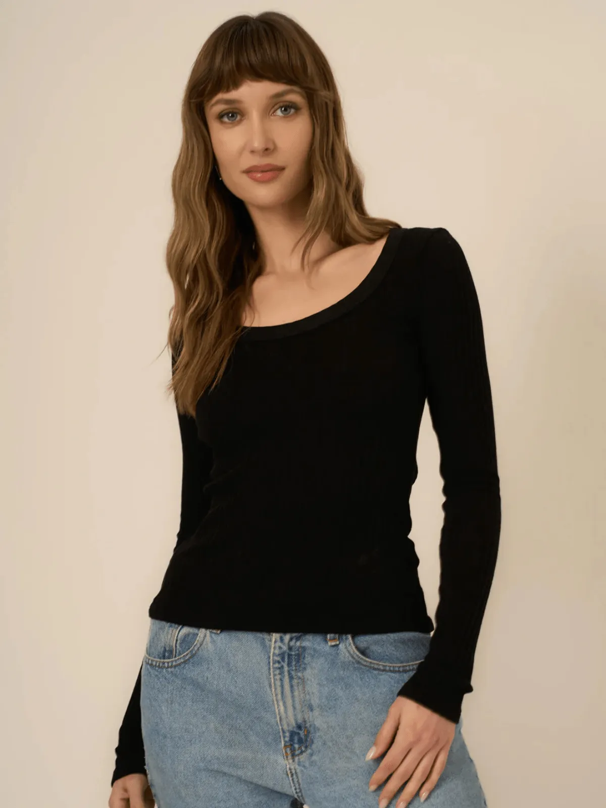 "What's the Scoop" Washed Rib Longsleeve Top - Black