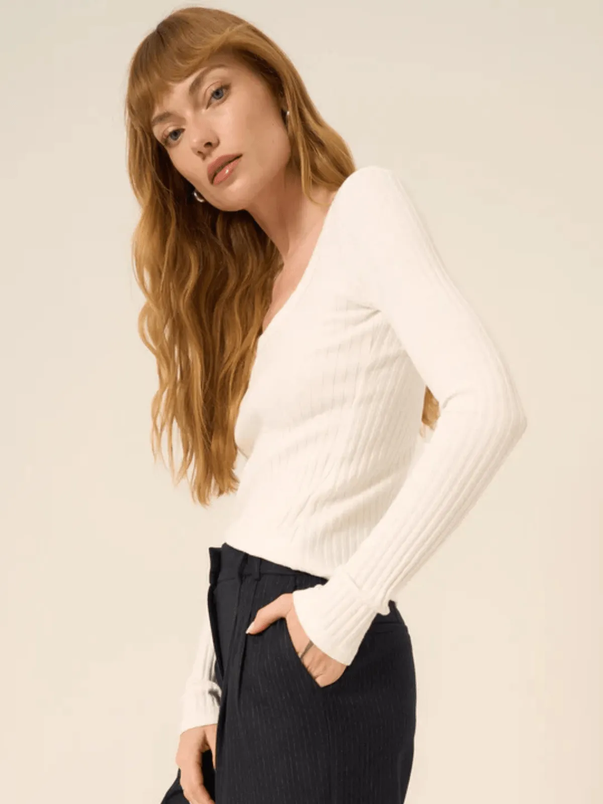 "What's the Scoop" Washed Rib Longsleeve Top - White