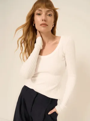 "What's the Scoop" Washed Rib Longsleeve Top - White