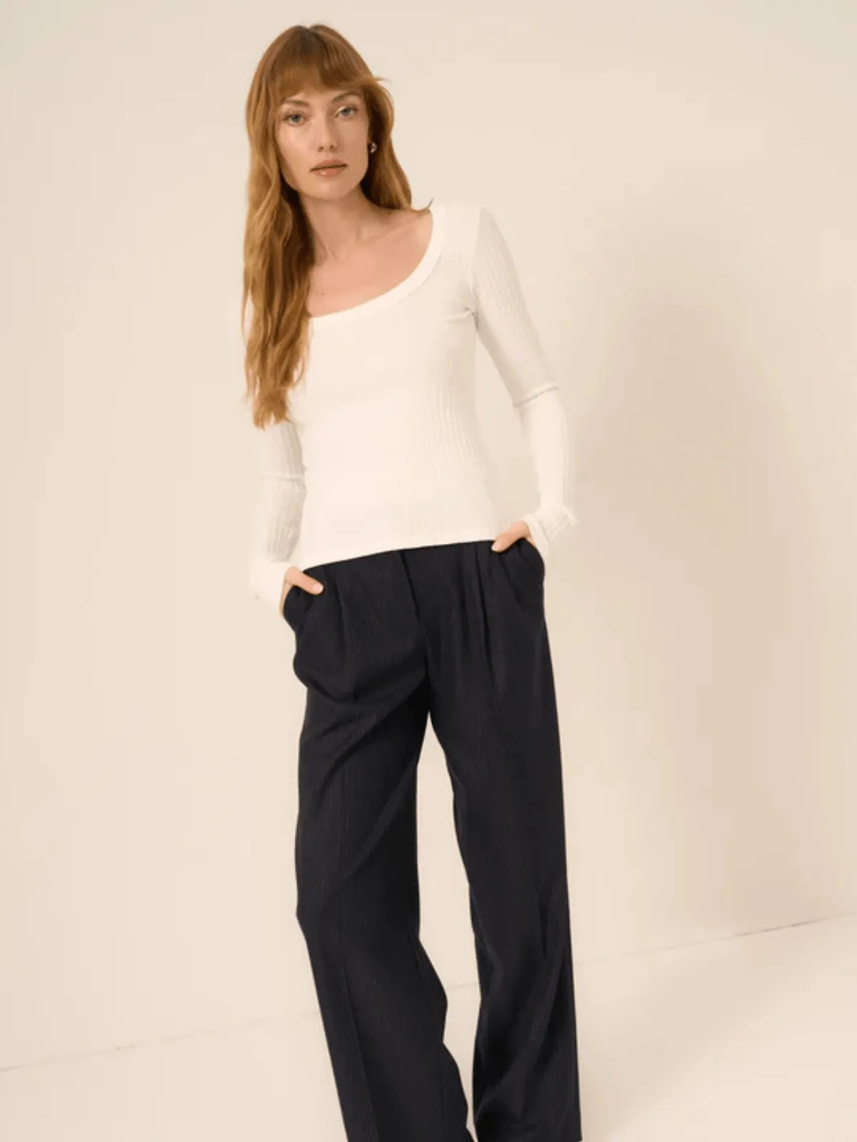 "What's the Scoop" Washed Rib Longsleeve Top - White