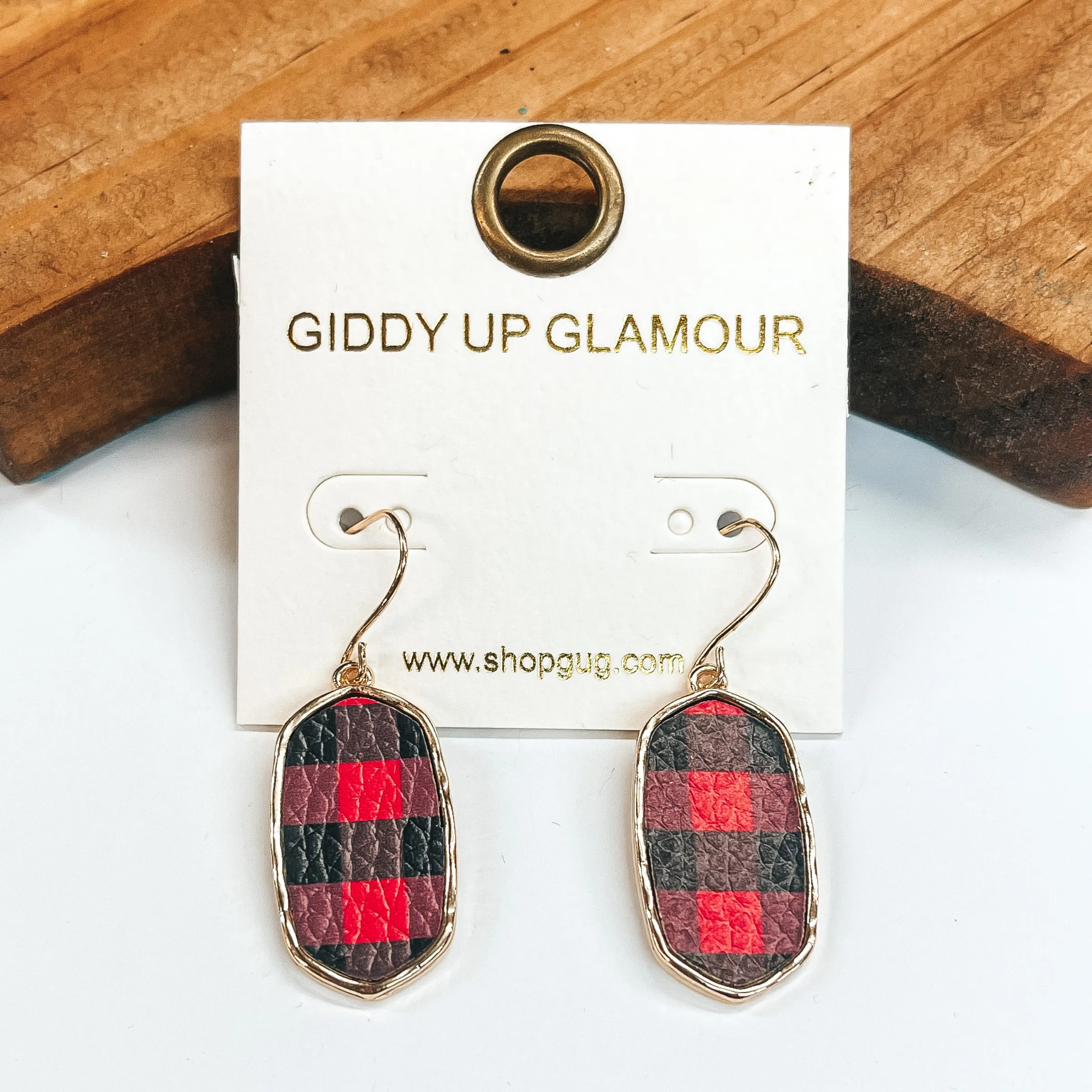 Rectangular Gold Drop Earrings in Red and Black Buffalo Plaid