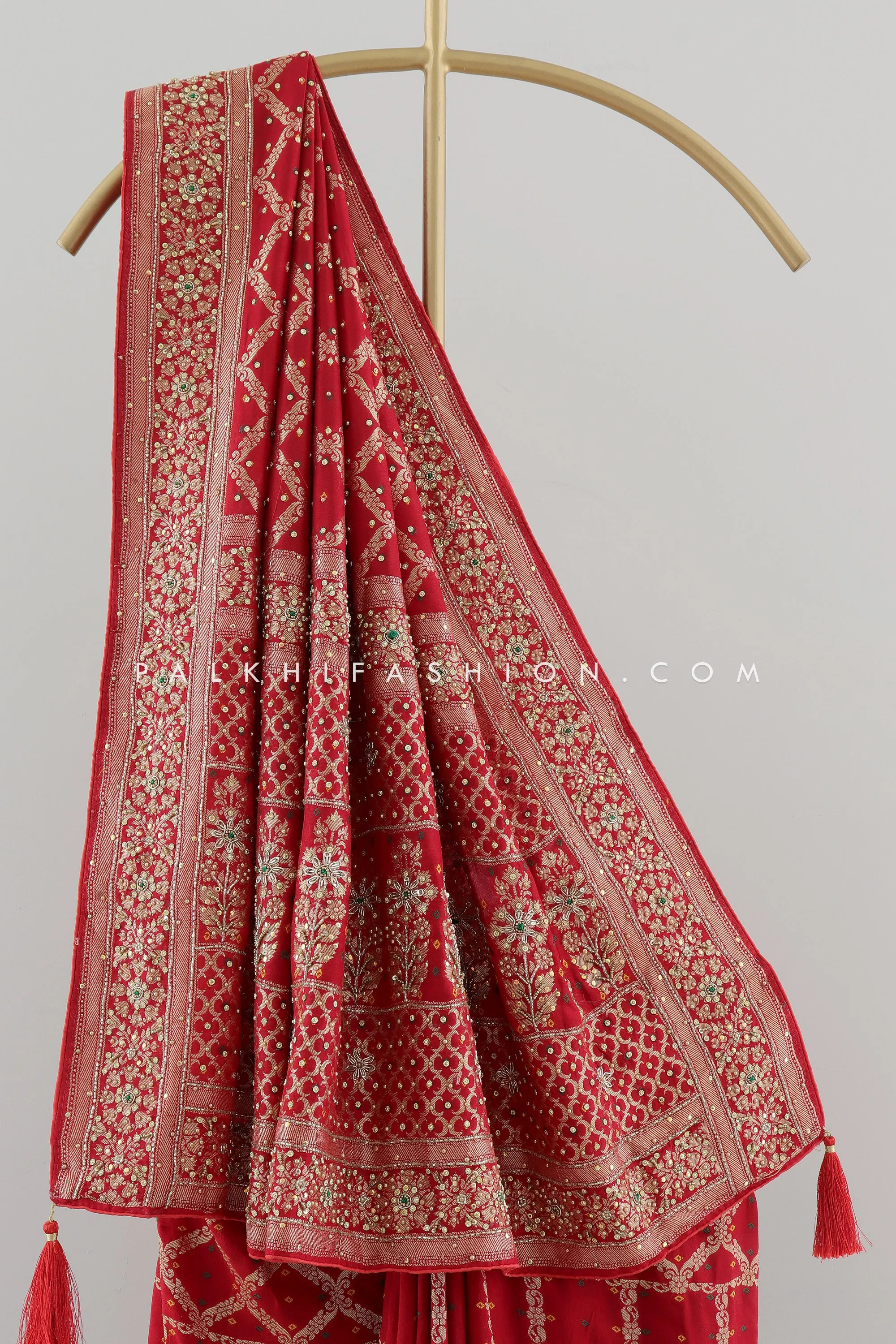 Red Banarasi Georgette Saree with Zari Weaving & HandWork - Palkhi Fashion
