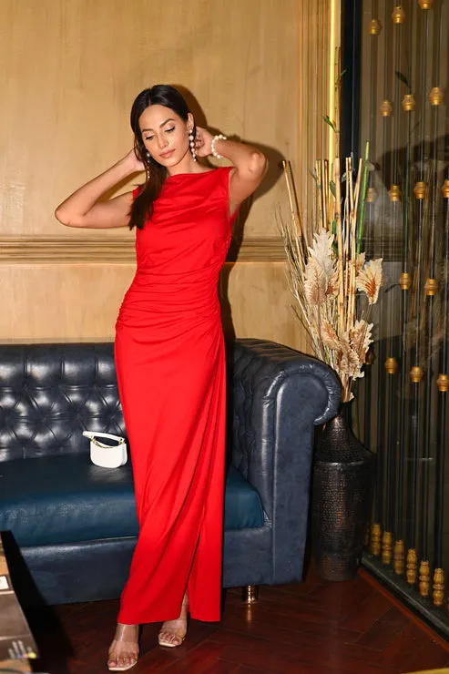 Red Elegant Maxi Dress with Bateau Neck