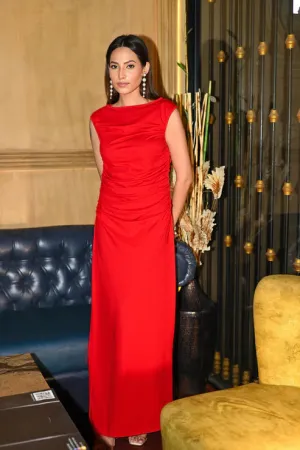 Red Elegant Maxi Dress with Bateau Neck