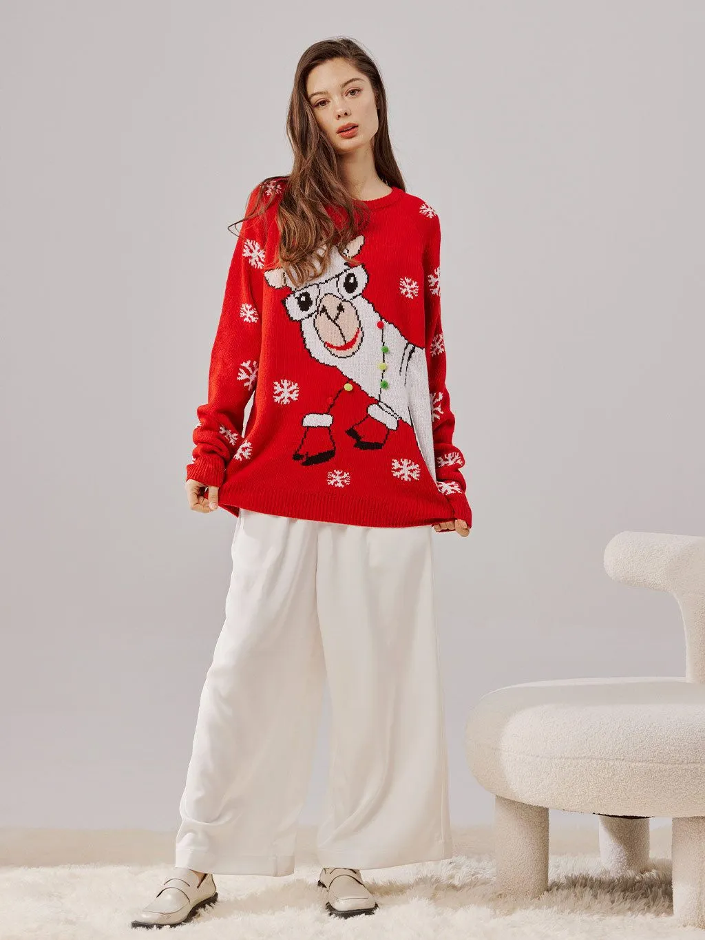 Red Knit Christmas Sweater for Women with Cartoon Pattern