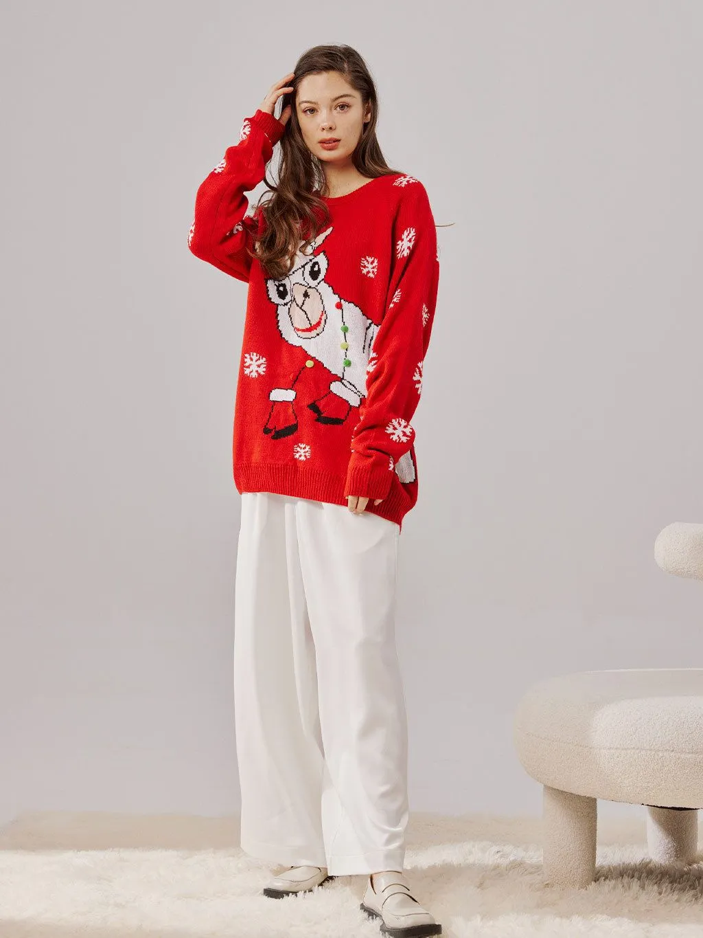 Red Knit Christmas Sweater for Women with Cartoon Pattern