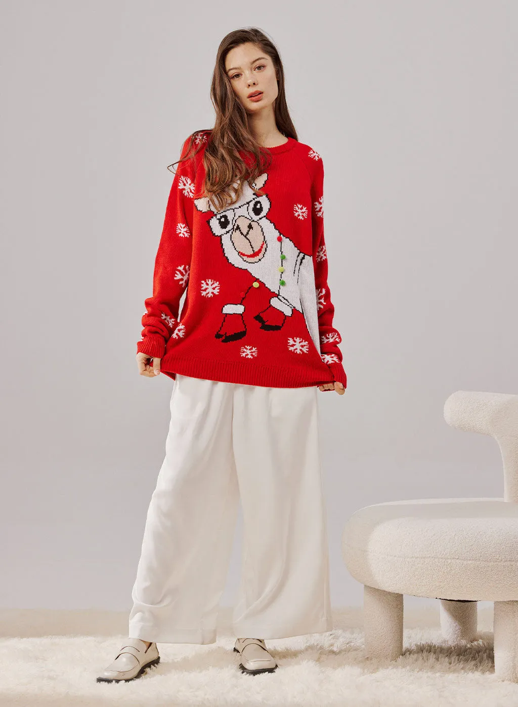 Red Knit Christmas Sweater for Women with Cartoon Pattern