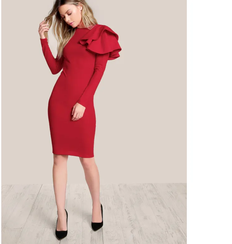 Red Ruffled Shoulder Bodycon Dress