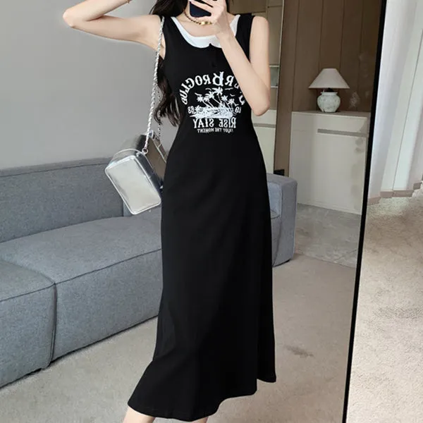 Retro Print Contrast Color Stitching Camisole Dress