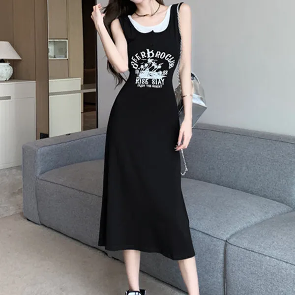 Retro Print Contrast Color Stitching Camisole Dress