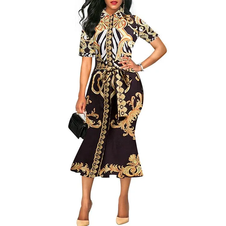Retro print lapel hip dress women