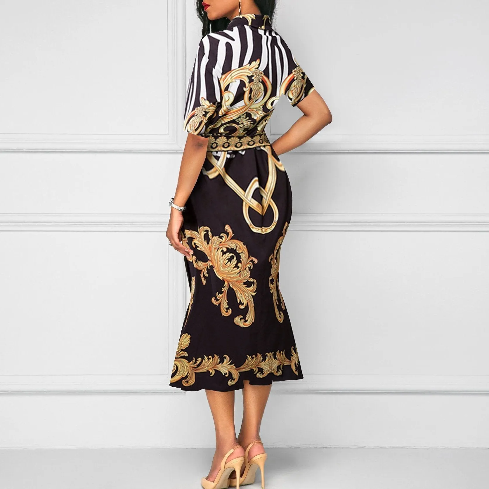 Retro print lapel hip dress women