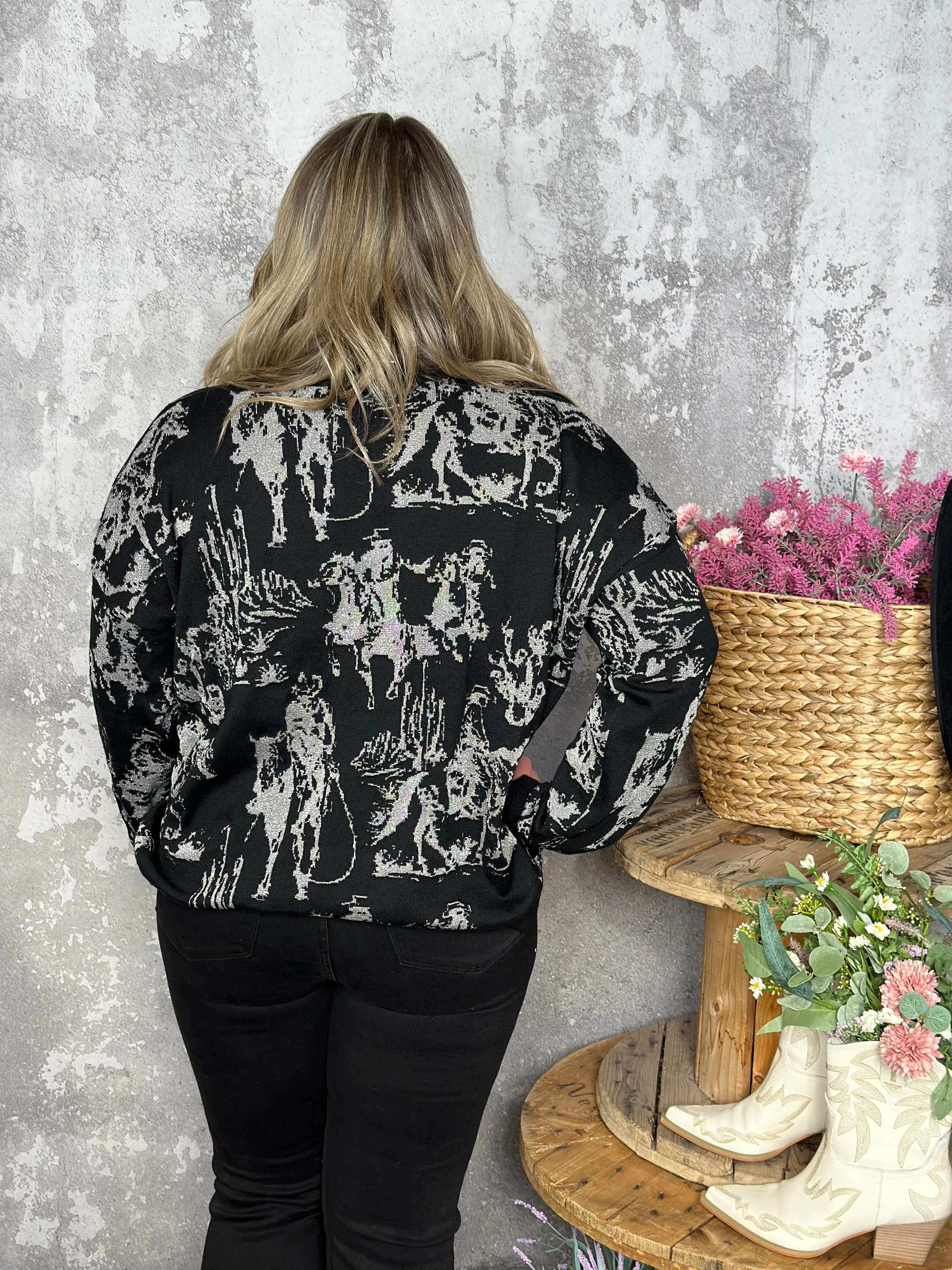 Rhinestone Cowboy Modest Crop Reversible Sweater  (Small - 3X)
