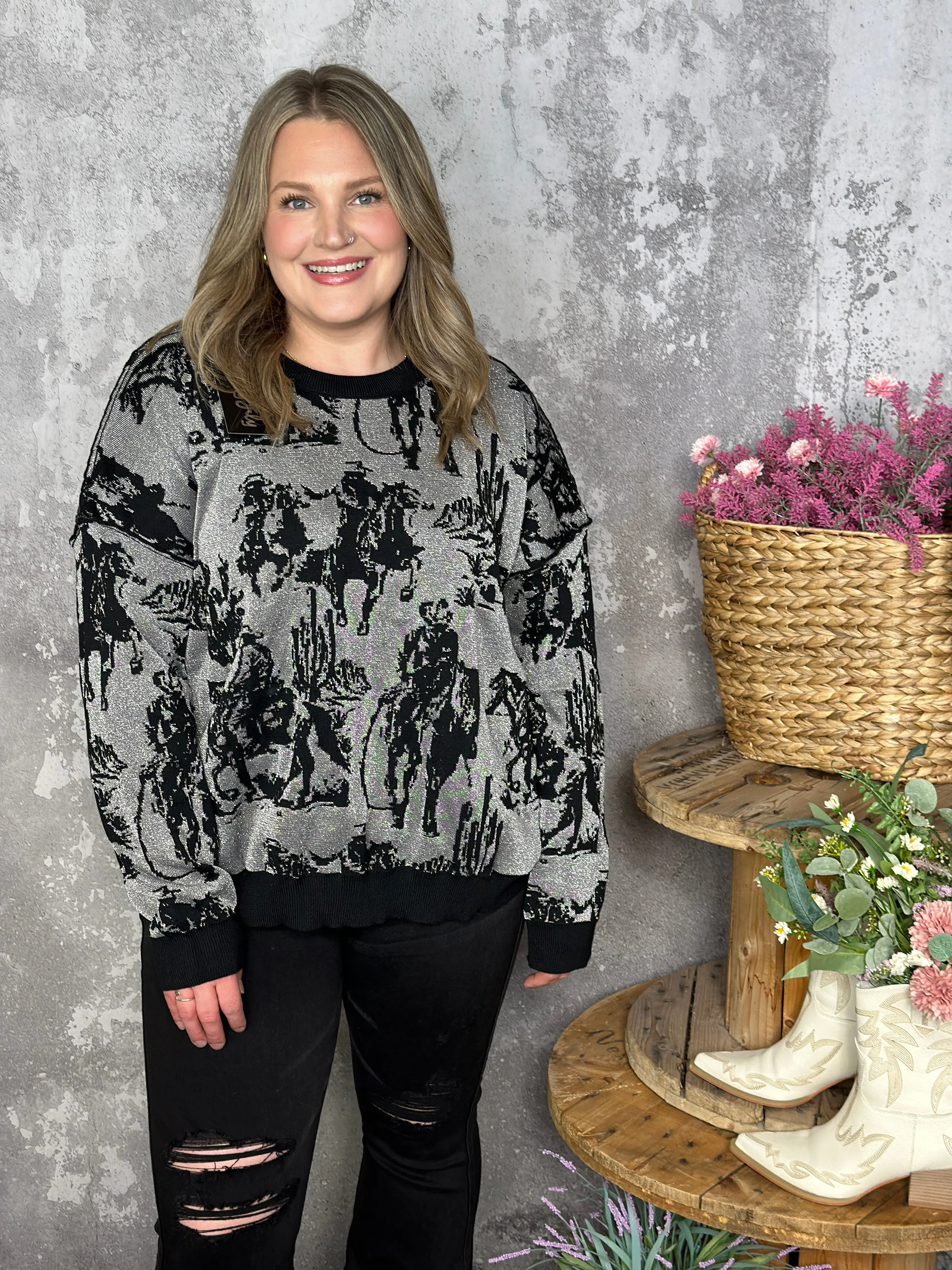 Rhinestone Cowboy Modest Crop Reversible Sweater  (Small - 3X)