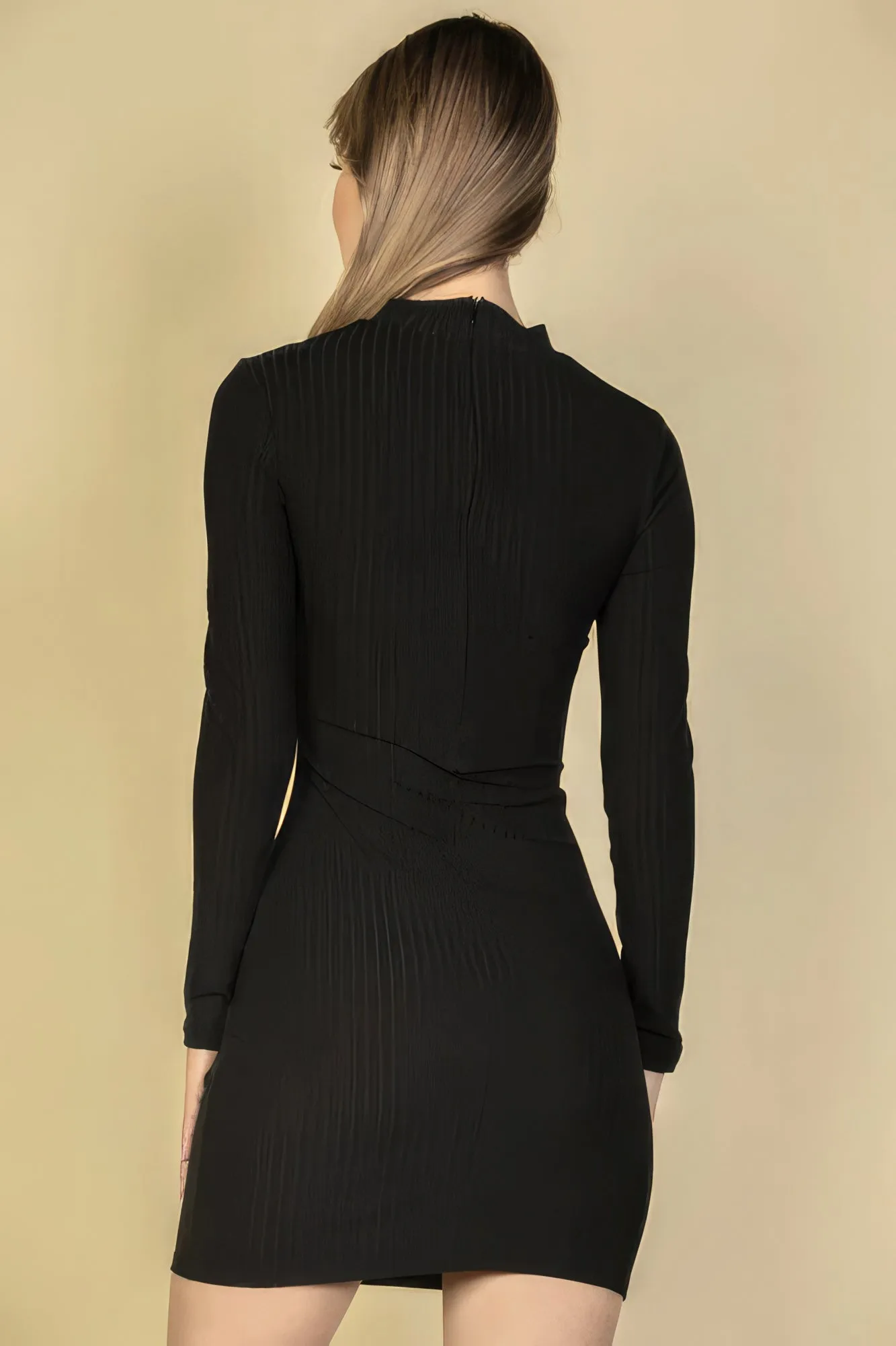 Ribbed Cut Out Front Long Sleeve Bodycon Mini Dress