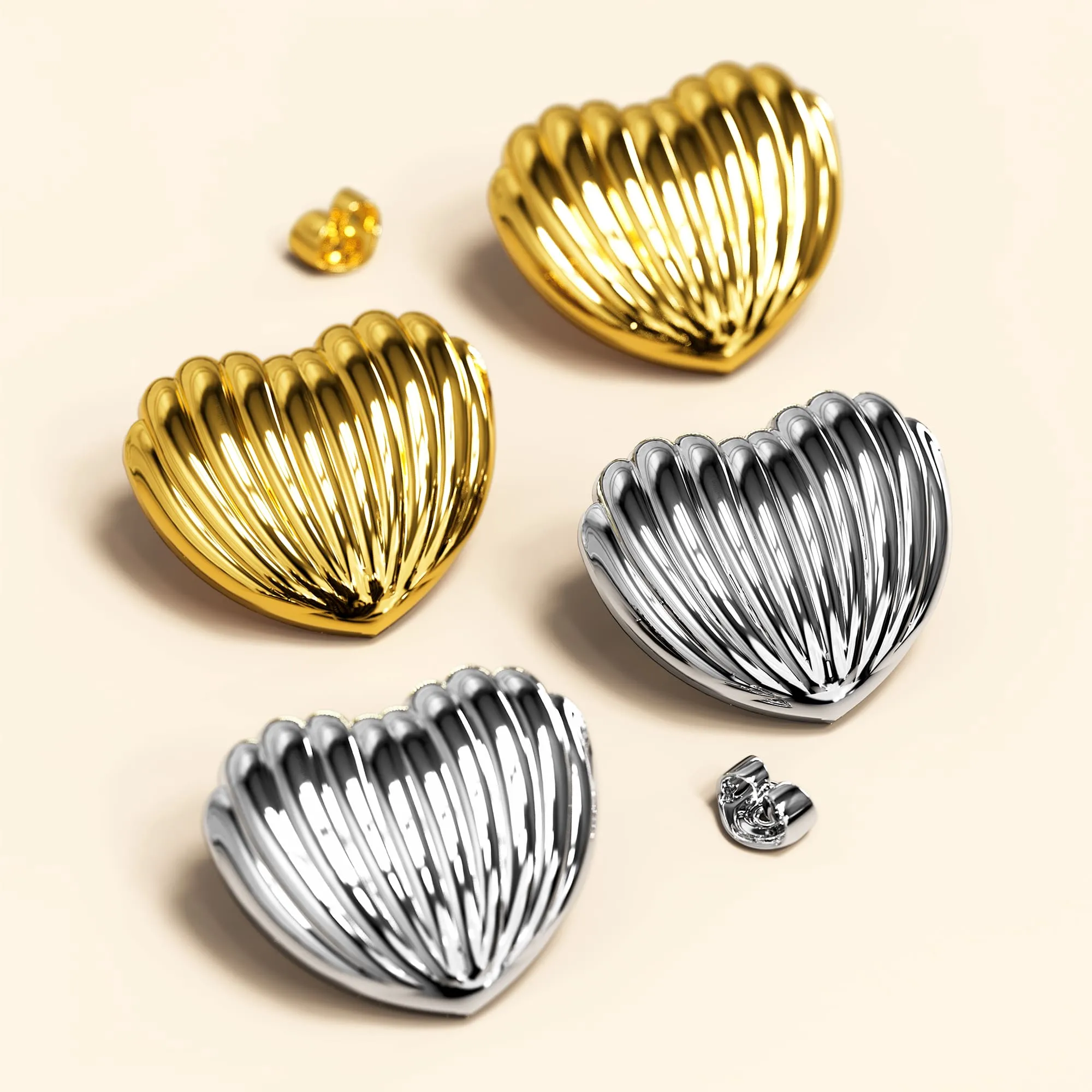 Ridged Heart Gold layered Stud Earrings