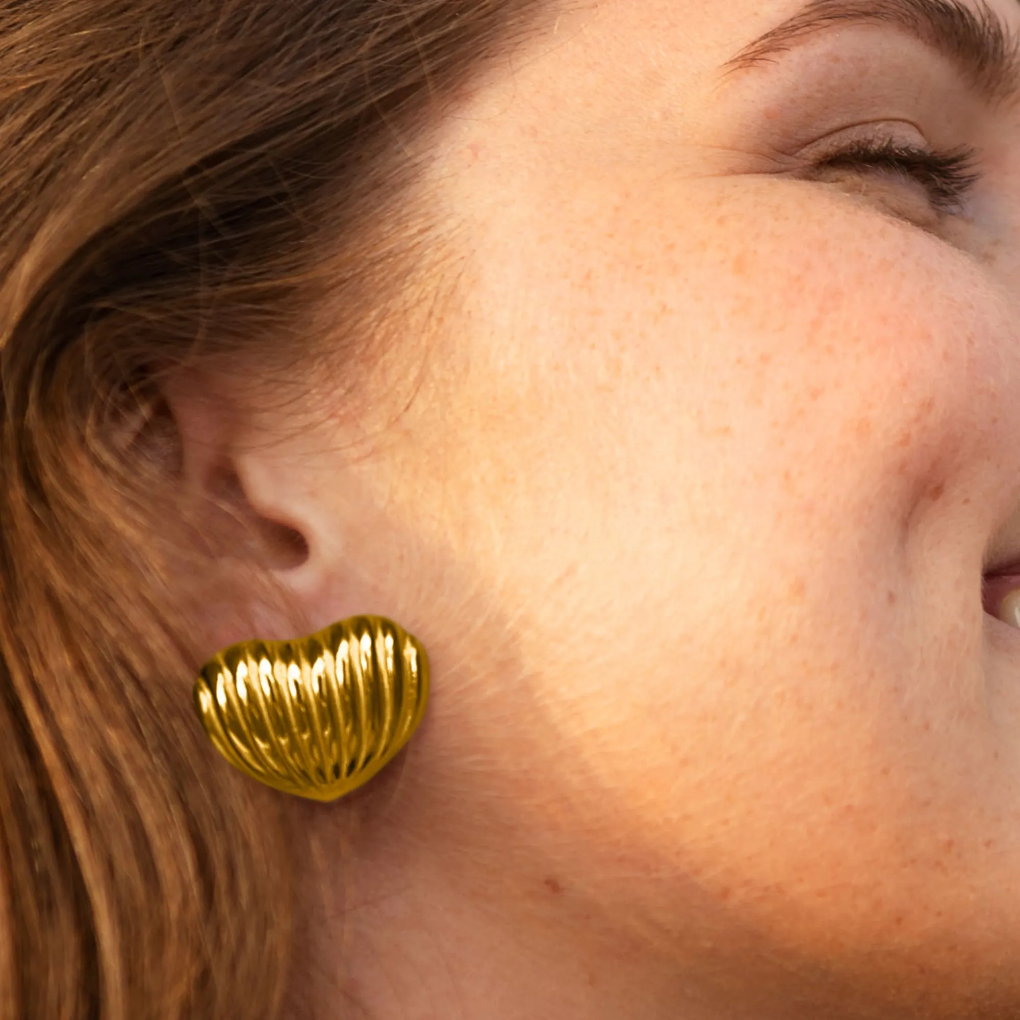 Ridged Heart Gold layered Stud Earrings