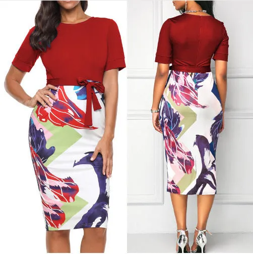 Round Neck Printed Pencil Dress