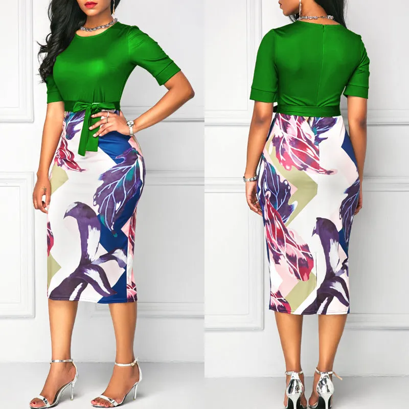 Round Neck Printed Pencil Dress