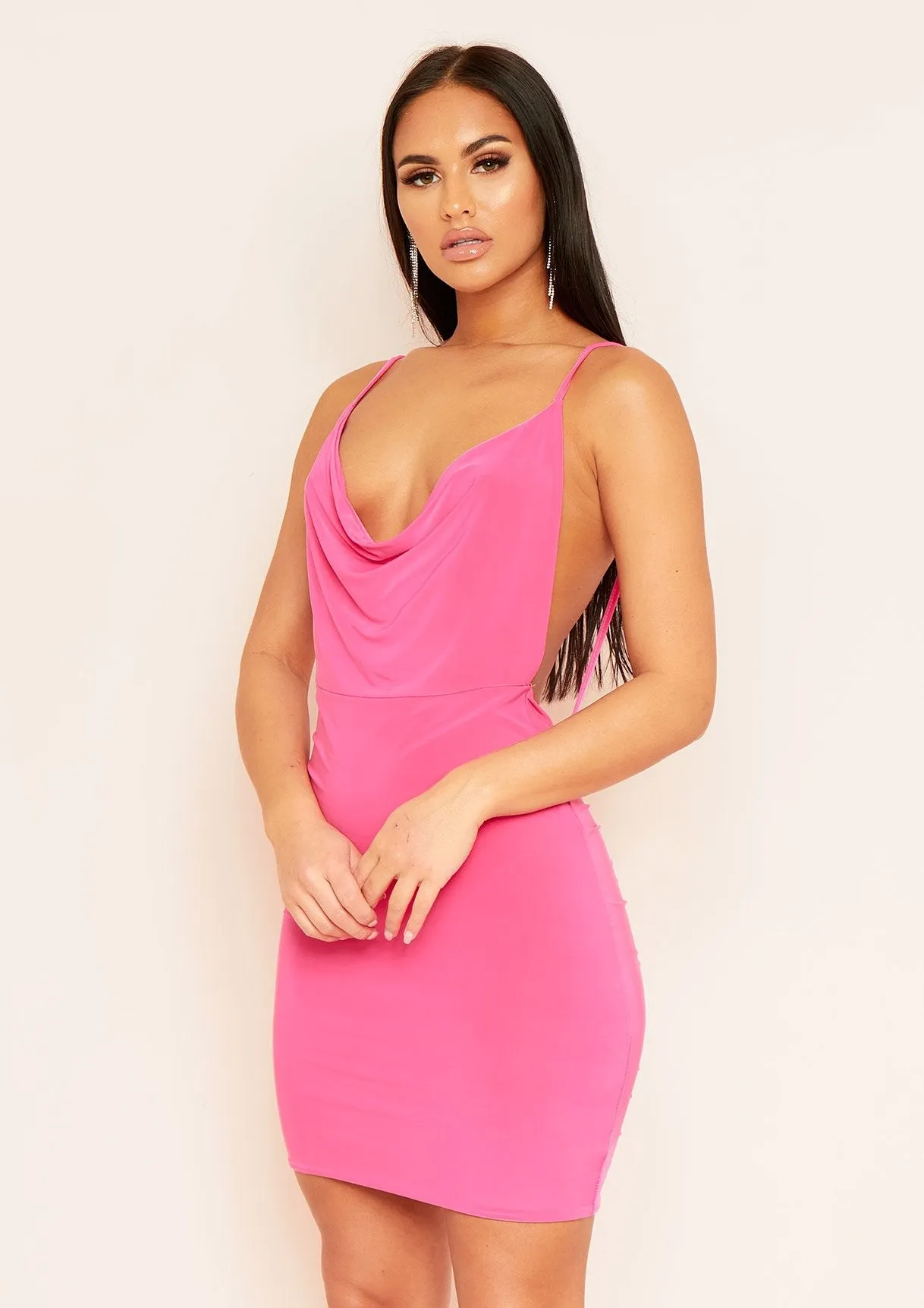 Ruby Hot Pink Cowl Neck Slinky Mini Dress