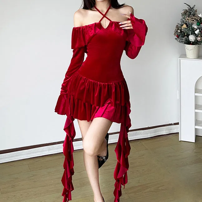 Ruffled Ribbon Long Sleeve Off-Shoulder Dress