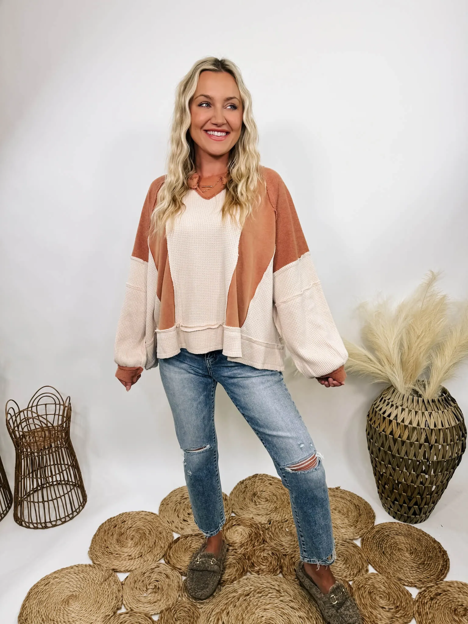 Rust and Cream Mixed Fabric Notched Neck Long Sleeve Oversized Knit Top by POL Clothing