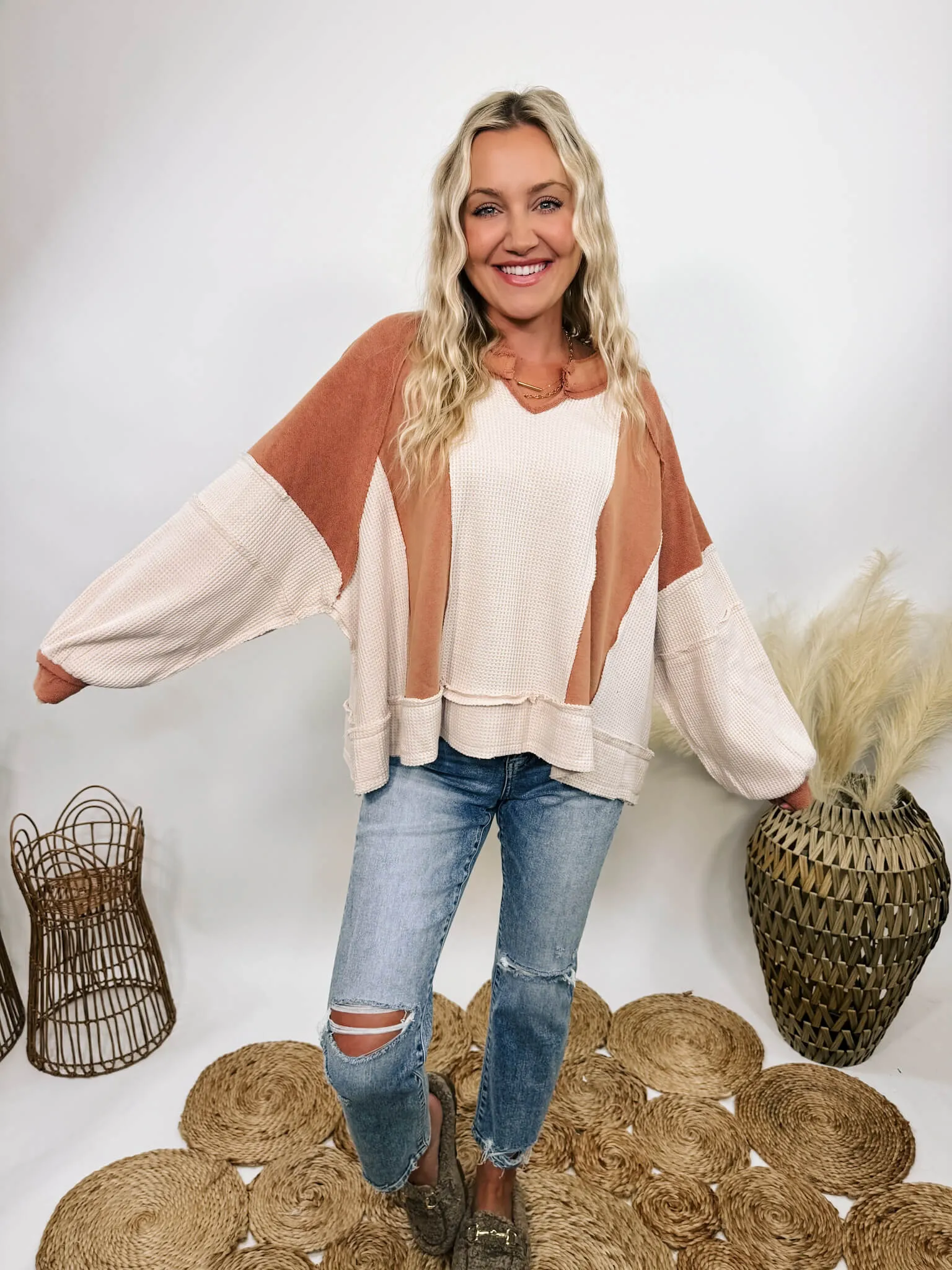 Rust and Cream Mixed Fabric Notched Neck Long Sleeve Oversized Knit Top by POL Clothing