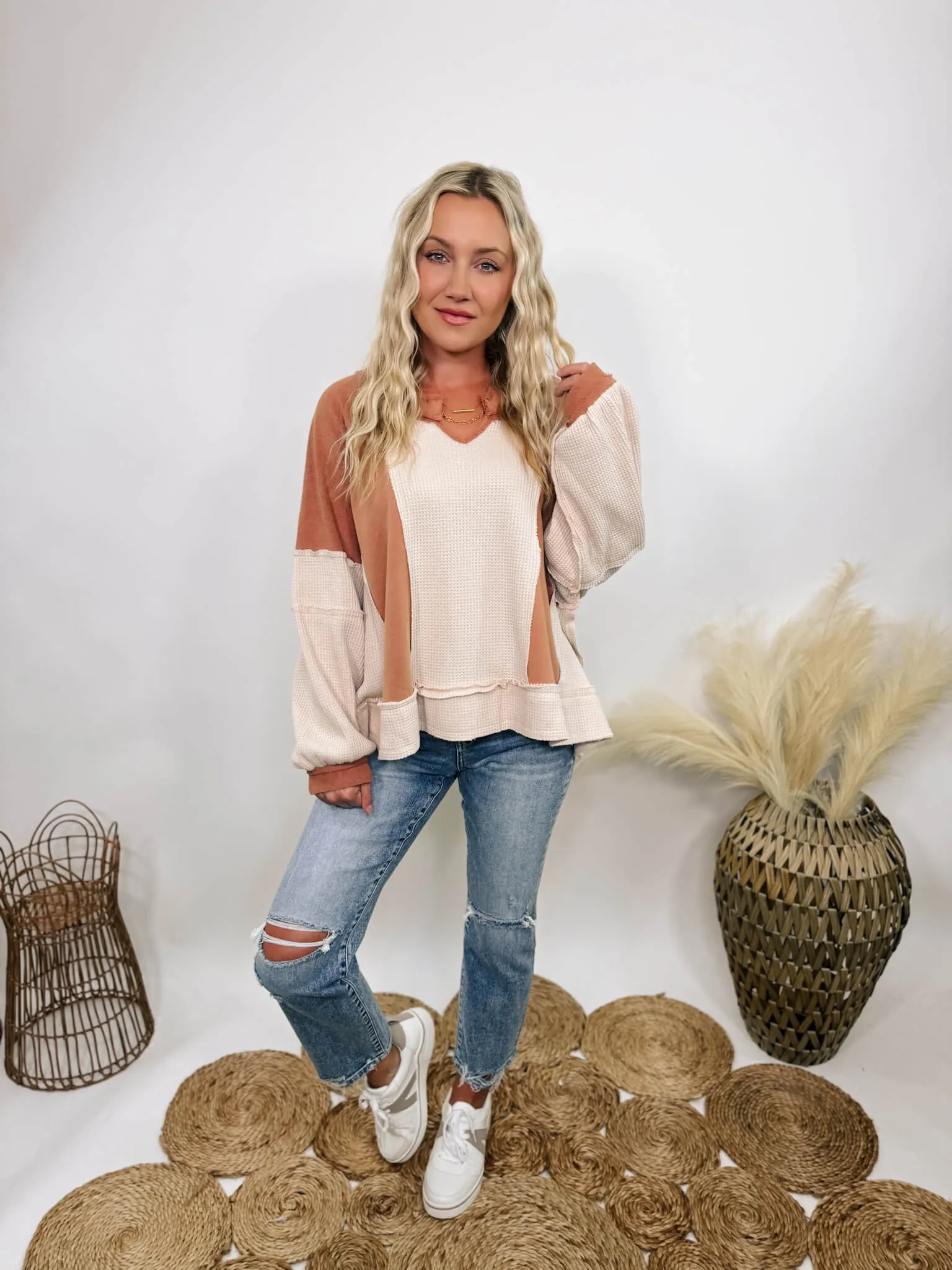 Rust and Cream Mixed Fabric Notched Neck Long Sleeve Oversized Knit Top by POL Clothing