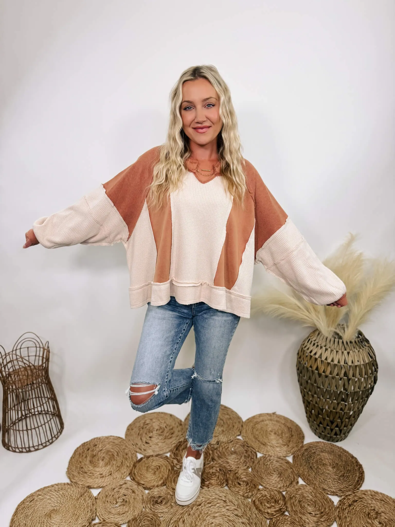 Rust and Cream Mixed Fabric Notched Neck Long Sleeve Oversized Knit Top by POL Clothing