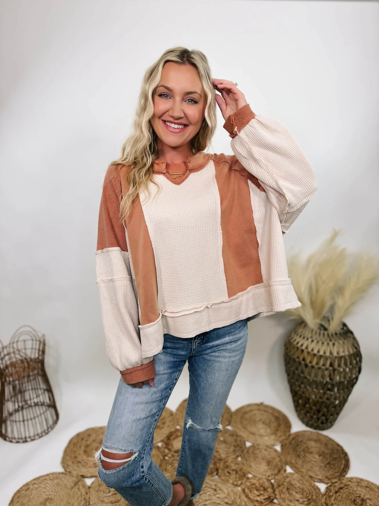 Rust and Cream Mixed Fabric Notched Neck Long Sleeve Oversized Knit Top by POL Clothing