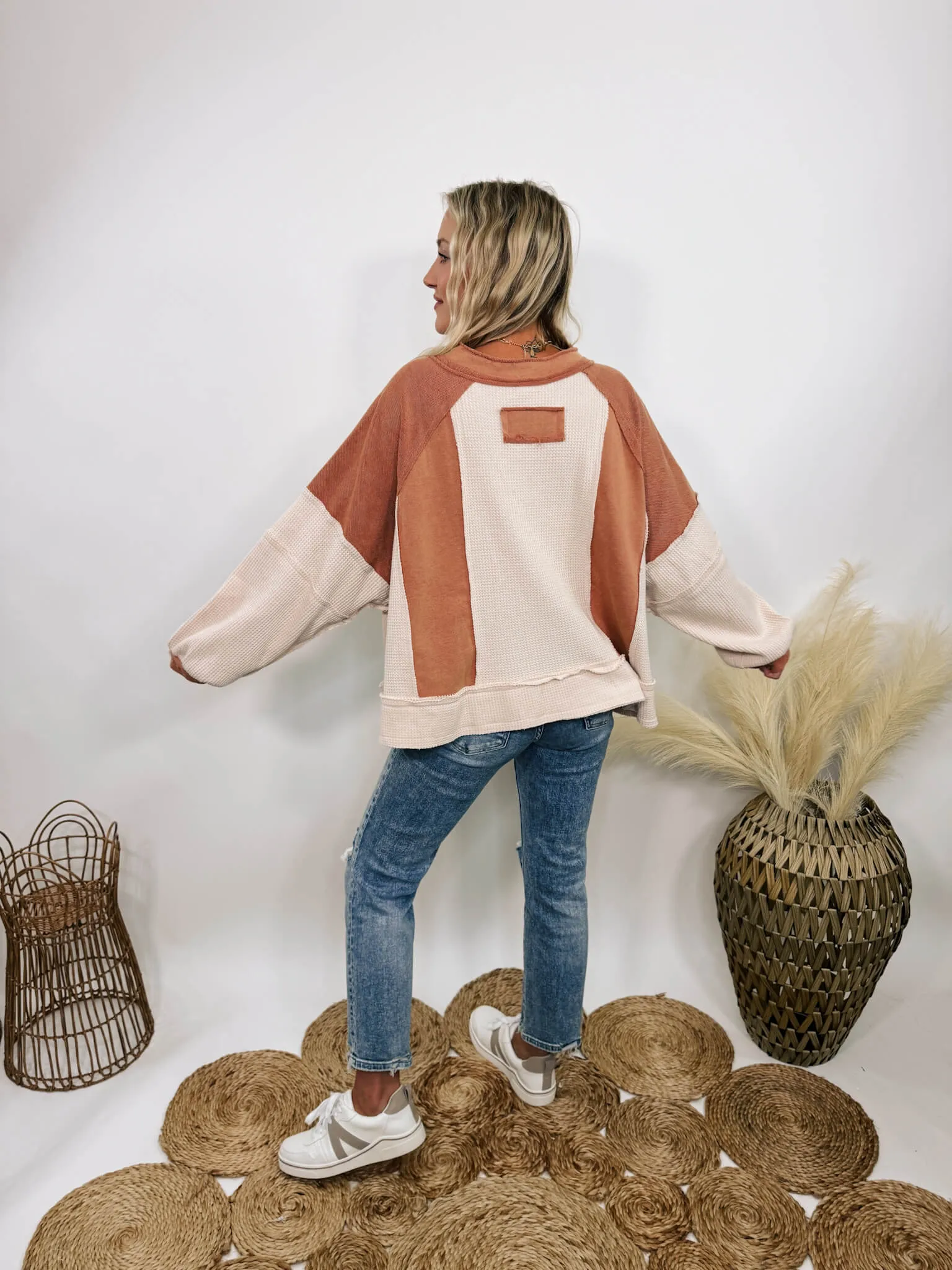 Rust and Cream Mixed Fabric Notched Neck Long Sleeve Oversized Knit Top by POL Clothing
