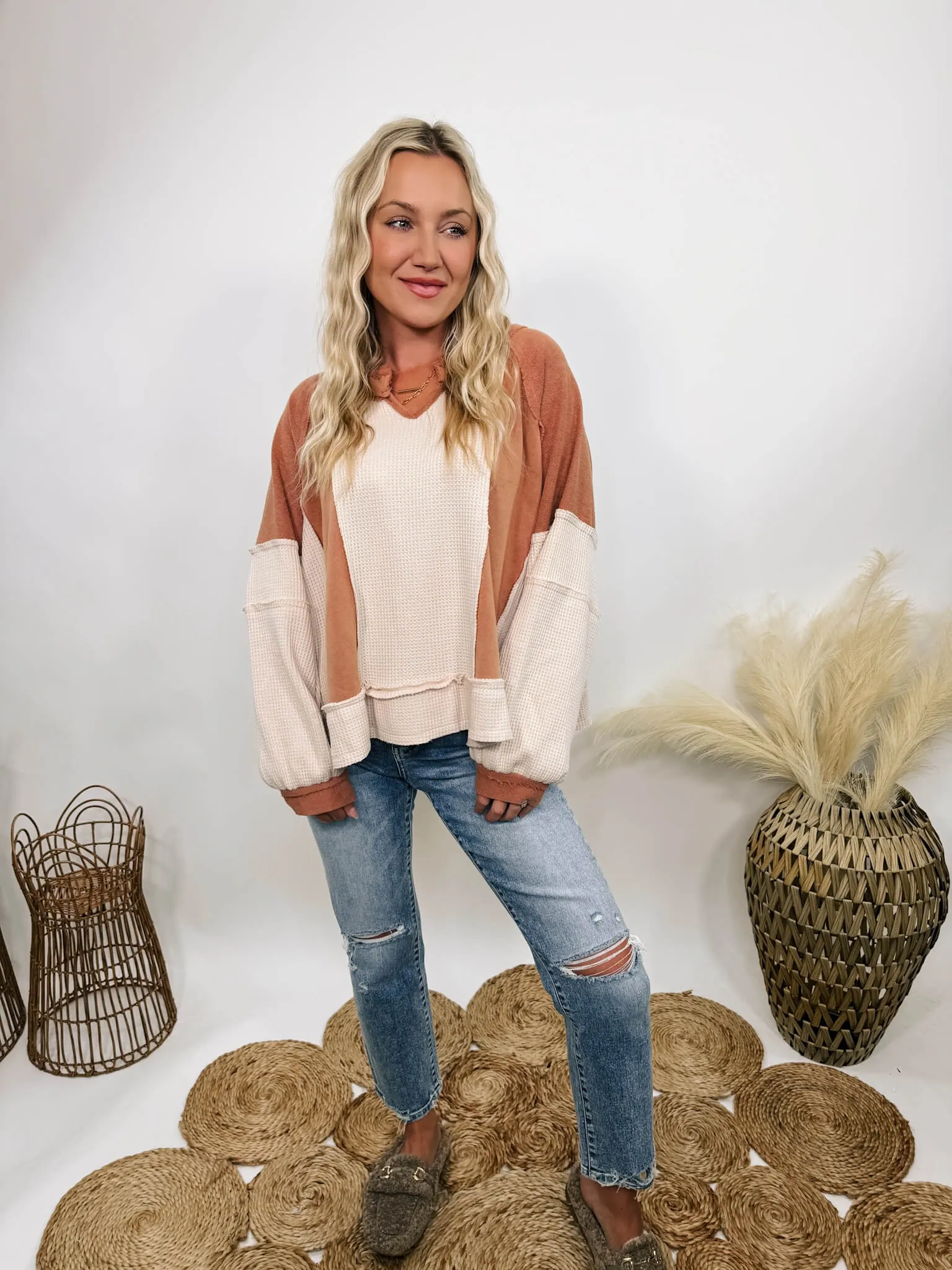 Rust and Cream Mixed Fabric Notched Neck Long Sleeve Oversized Knit Top by POL Clothing